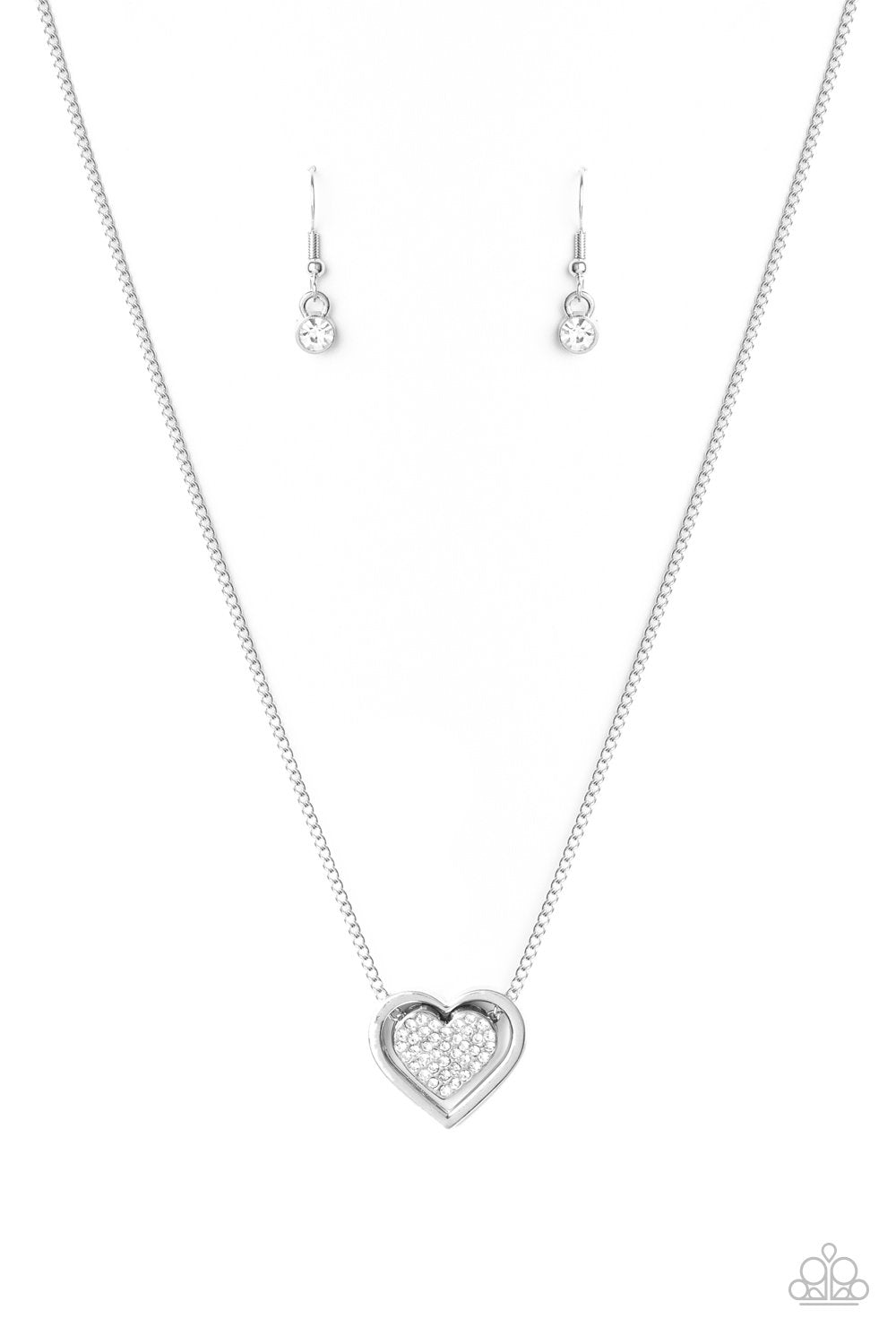 Game, Set, MATCHMAKER White Rhinestone Heart Necklace - Paparazzi Accessories- lightbox - CarasShop.com - Paparazzi Jewelry by Cara Jewels