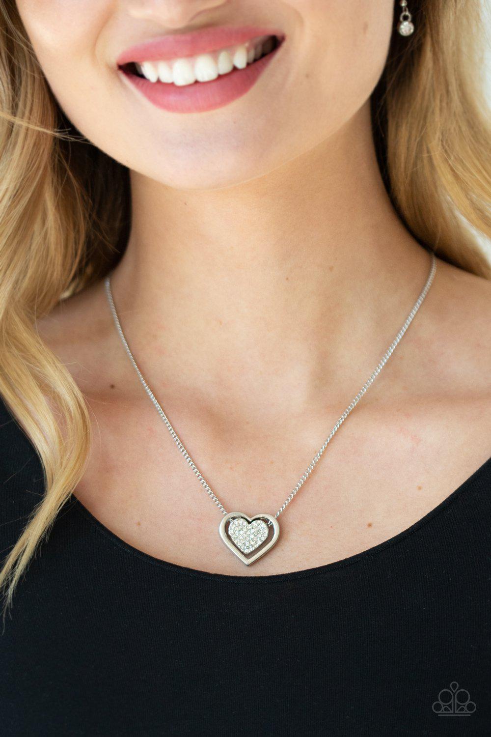 Game, Set, MATCHMAKER White Rhinestone Heart Necklace - Paparazzi Accessories- on model - CarasShop.com - Paparazzi Jewelry by Cara Jewels
