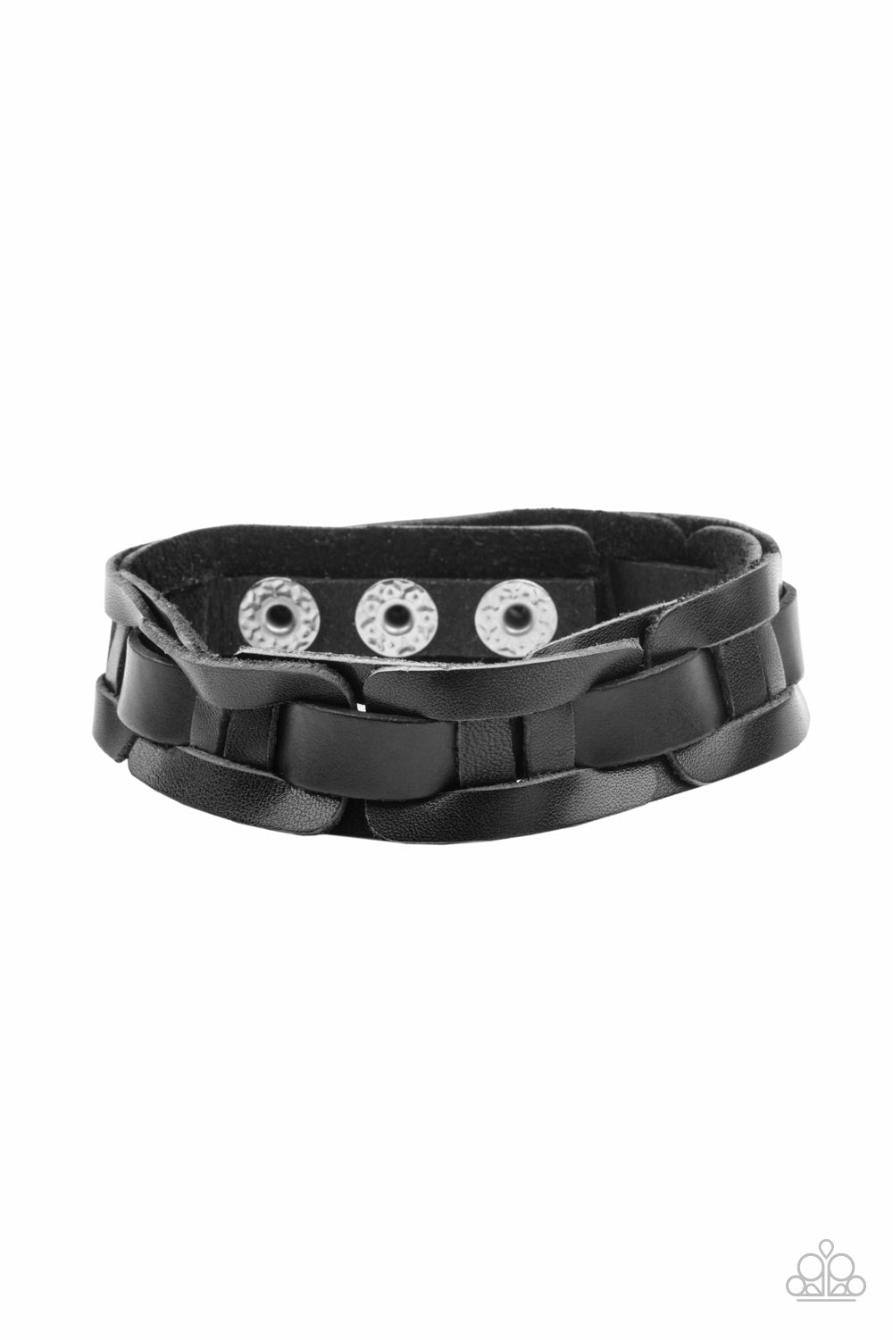Garage Band Grunge Men's Black Leather Wrap Snap Bracelet - Paparazzi Accessories- lightbox - CarasShop.com - Paparazzi Jewelry by Cara Jewels