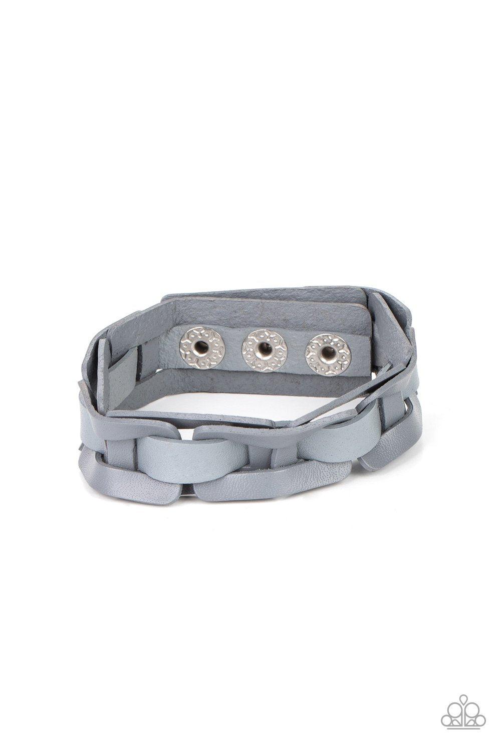 Garage Band Grunge Silver Leather Wrap Snap Bracelet - Paparazzi Accessories- lightbox - CarasShop.com - Paparazzi Jewelry by Cara Jewels