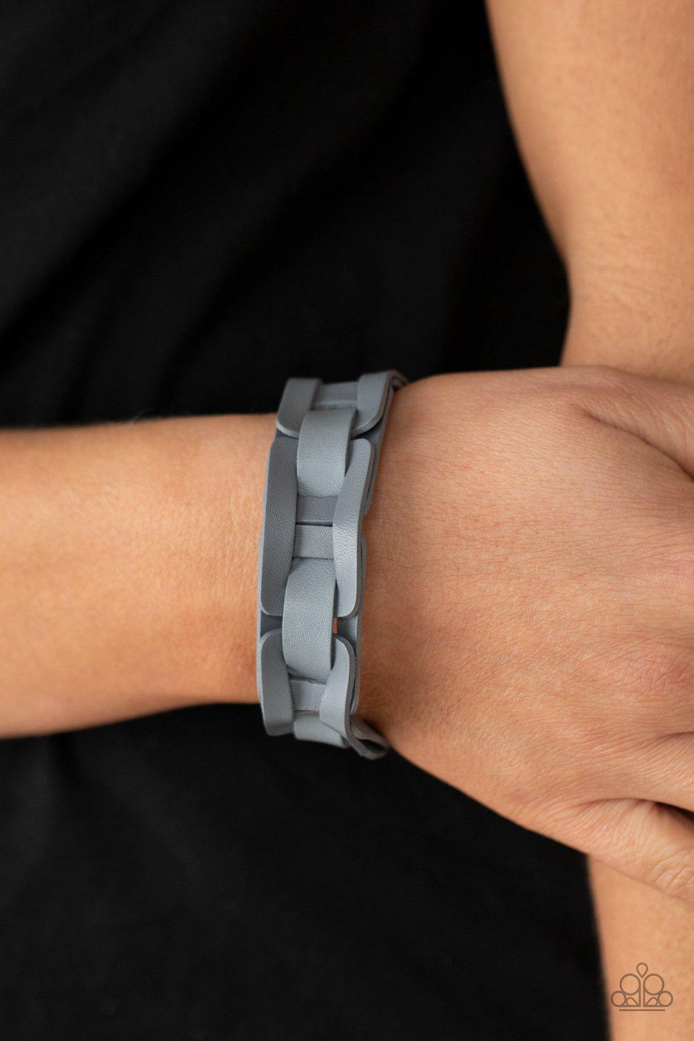 Garage Band Grunge Silver Leather Wrap Snap Bracelet - Paparazzi Accessories- lightbox - CarasShop.com - Paparazzi Jewelry by Cara Jewels