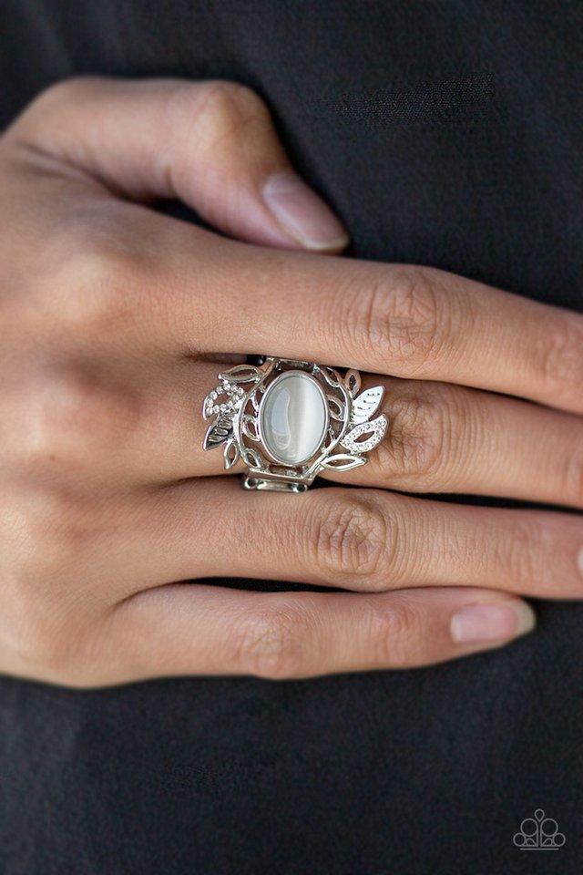 Garden Dew White Moonstone Ring - Paparazzi Accessories- on model - CarasShop.com - Paparazzi Jewelry by Cara Jewels