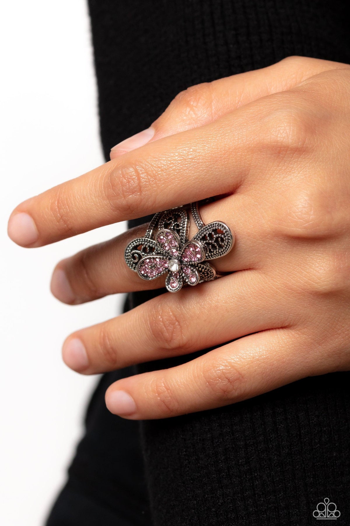 Garden Escapade Pink Flower Ring - Paparazzi Accessories- on model - CarasShop.com - Paparazzi Jewelry by Cara Jewels