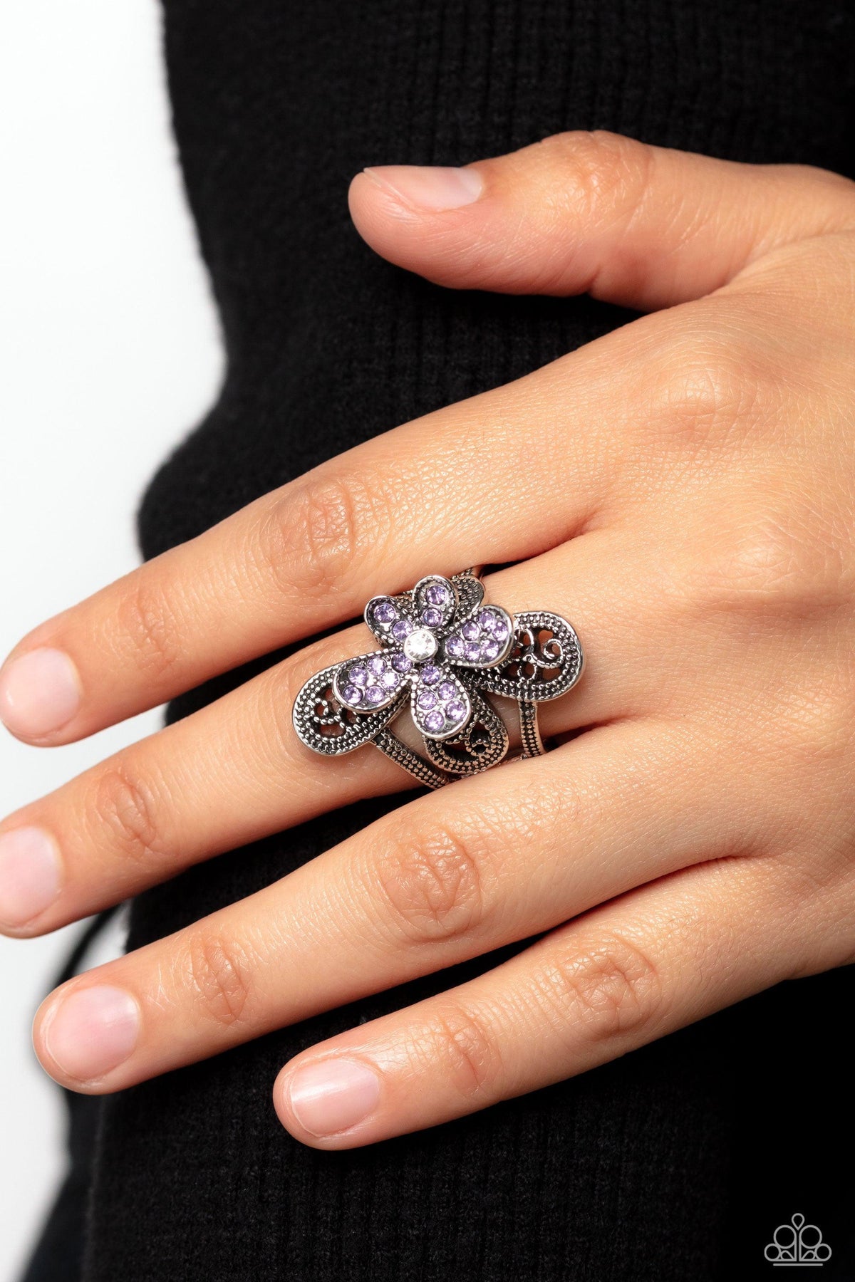 Garden Escapade Purple Flower Ring - Paparazzi Accessories- on model - CarasShop.com - Paparazzi Jewelry by Cara Jewels