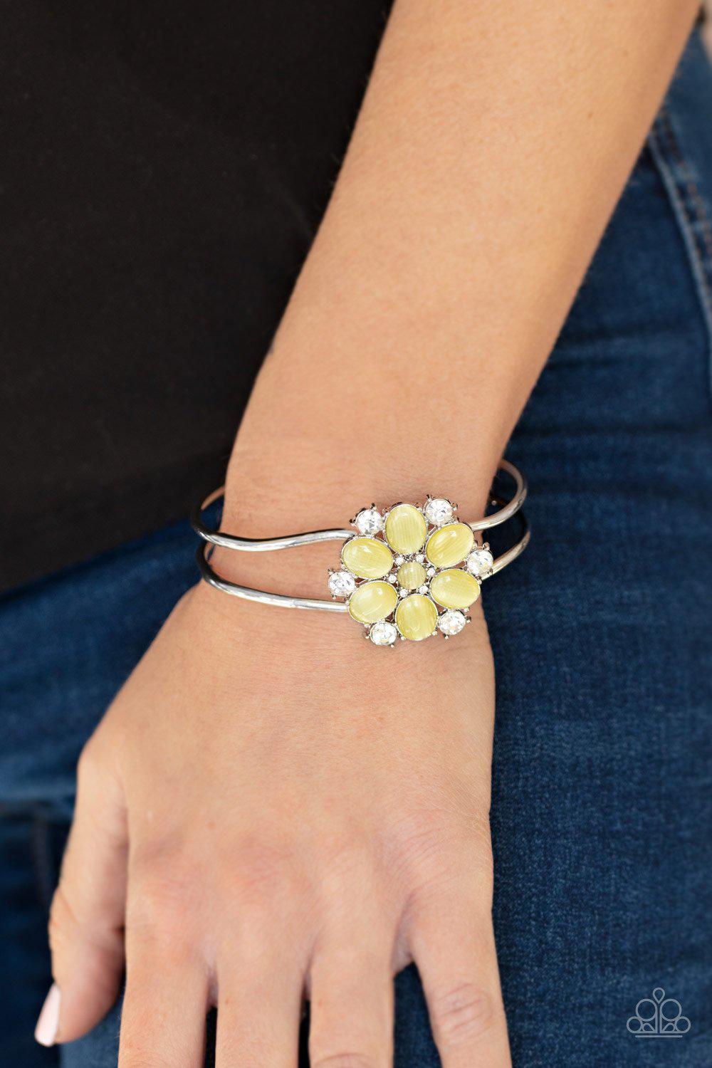 Garden Extravagance Yellow Cat's Eye Flower Bracelet - Paparazzi Accessories- on model - CarasShop.com - Paparazzi Jewelry by Cara Jewels