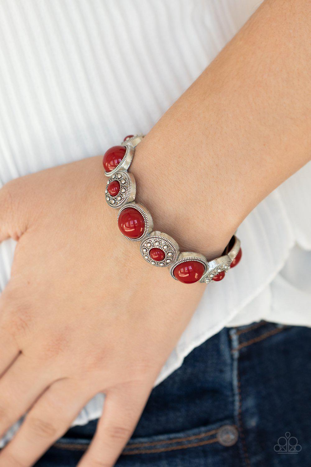 Garden Flair Red and Silver Bracelet - Paparazzi Accessories- on model - CarasShop.com - Paparazzi Jewelry by Cara Jewels