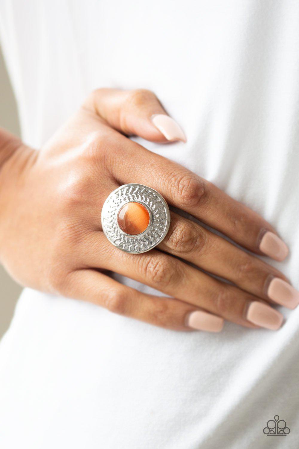 Garden Garland Silver and Orange Moonstone Ring - Paparazzi Accessories- on model - CarasShop.com - Paparazzi Jewelry by Cara Jewels