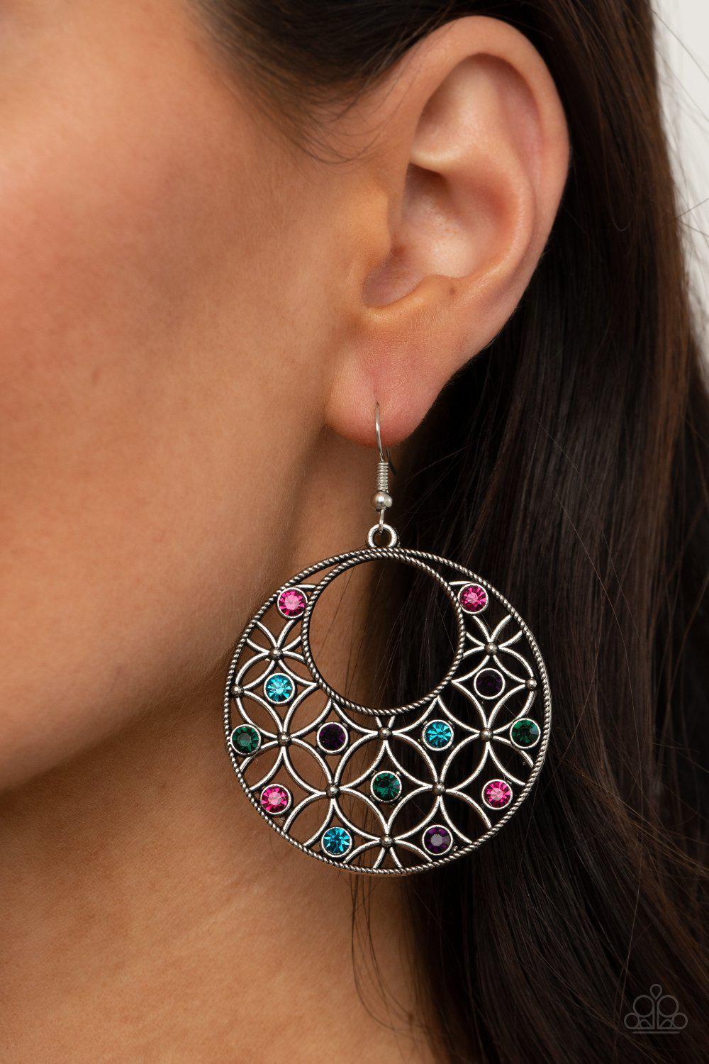 Garden Garnish Multi Rhinestone and Silver Earrings - Paparazzi Accessories- on model - CarasShop.com - Paparazzi Jewelry by Cara Jewels