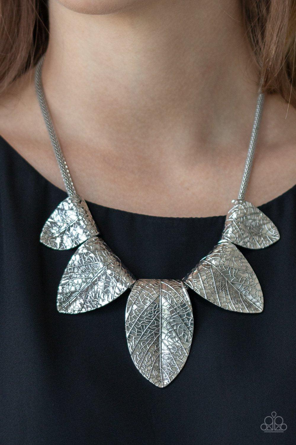 Garden Gatherer Silver Leaf Necklace - Paparazzi Accessories- on model - CarasShop.com - Paparazzi Jewelry by Cara Jewels