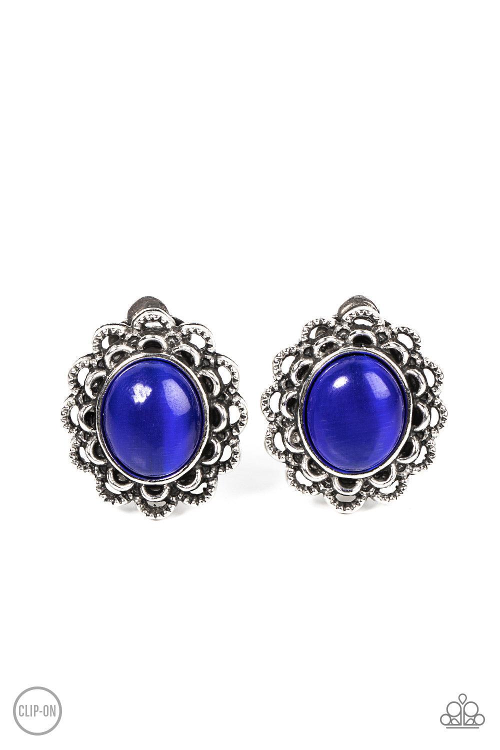 Garden Gazebo Blue Cat's Eye Stone Clip-on Earrings - Paparazzi Accessories- lightbox - CarasShop.com - Paparazzi Jewelry by Cara Jewels
