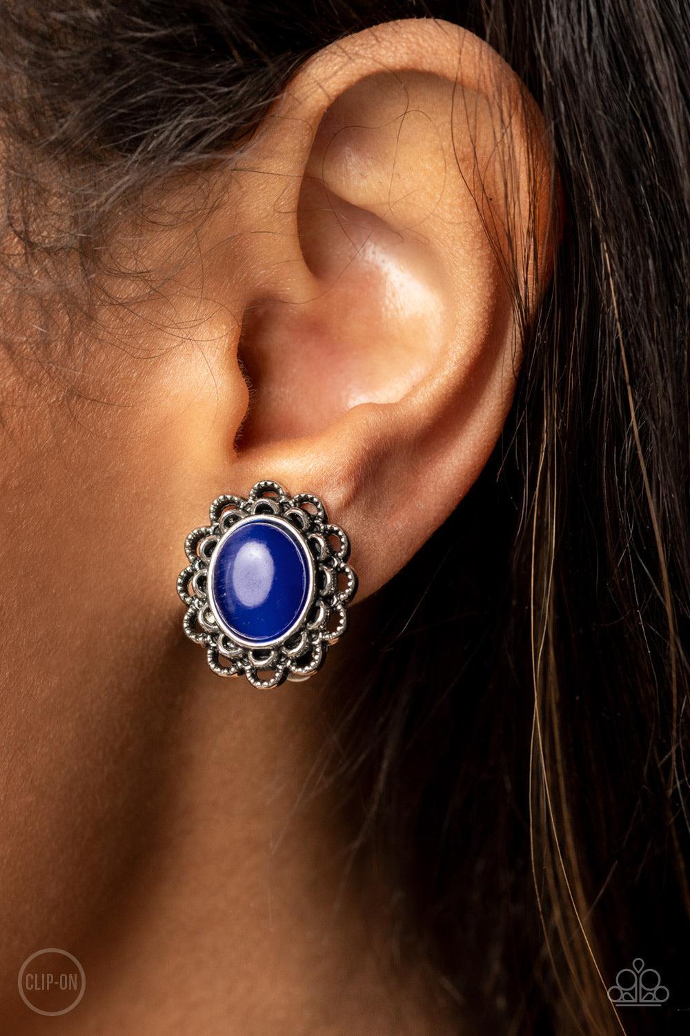 Garden Gazebo Blue Cat's Eye Stone Clip-on Earrings - Paparazzi Accessories- lightbox - CarasShop.com - Paparazzi Jewelry by Cara Jewels
