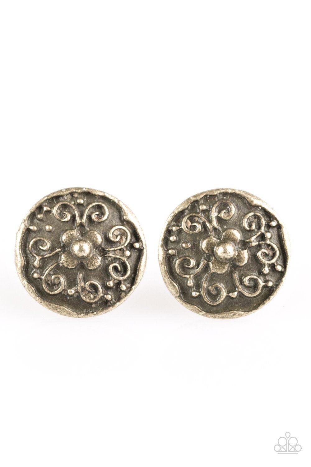 Garden Glee Brass Flower Post Earrings - Paparazzi Accessories- lightbox - CarasShop.com - Paparazzi Jewelry by Cara Jewels