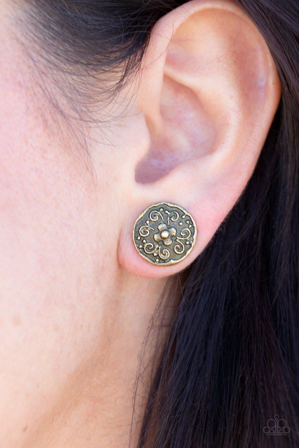 Garden Glee Brass Flower Post Earrings - Paparazzi Accessories- on model - CarasShop.com - Paparazzi Jewelry by Cara Jewels