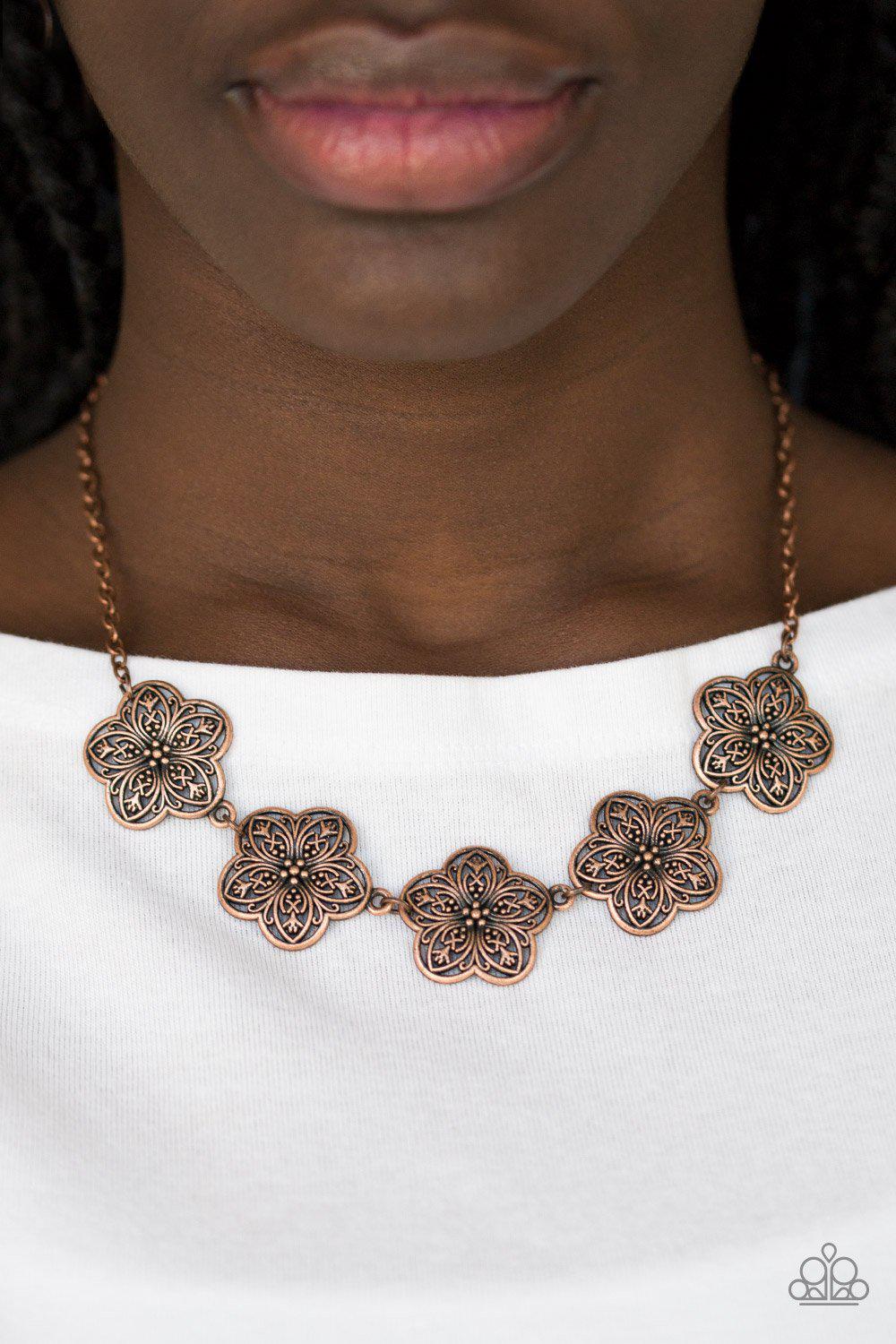 Garden Groove Copper Flower Necklace - Paparazzi Accessories- on model - CarasShop.com - Paparazzi Jewelry by Cara Jewels