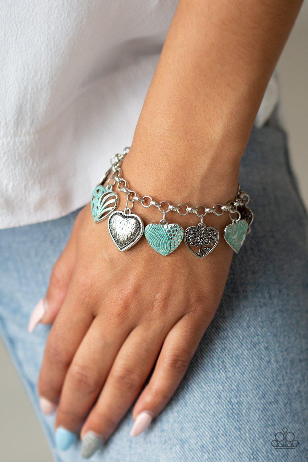 Garden Hearts Green and Silver Heart Bracelet - Paparazzi Accessories- on model - CarasShop.com - Paparazzi Jewelry by Cara Jewels