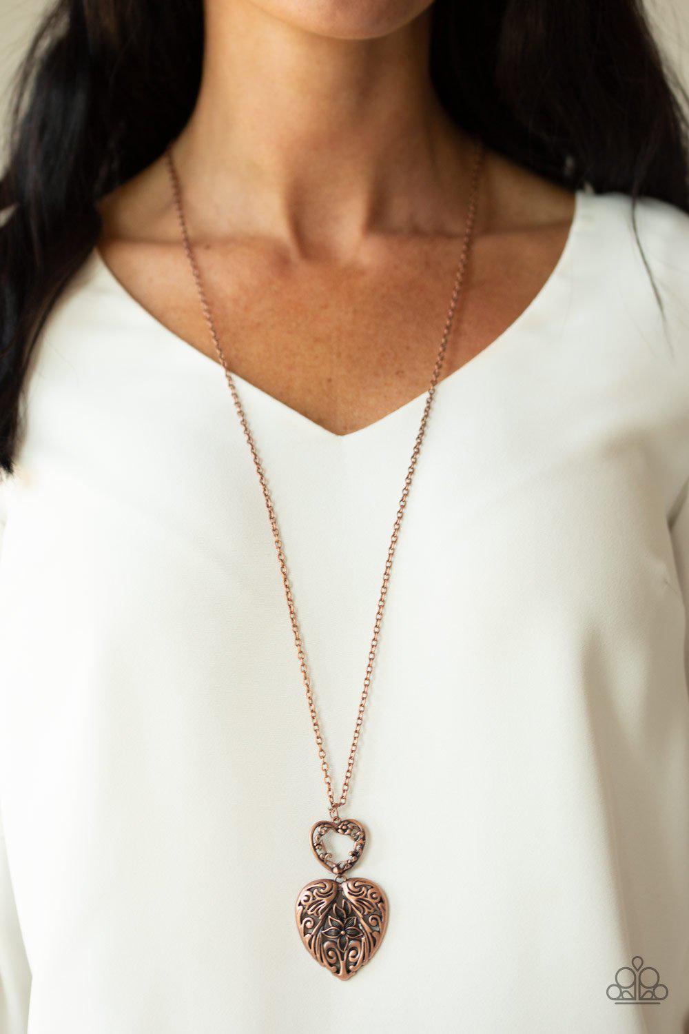 Garden Lovers Copper Heart Necklace - Paparazzi Accessories- on model - CarasShop.com - Paparazzi Jewelry by Cara Jewels