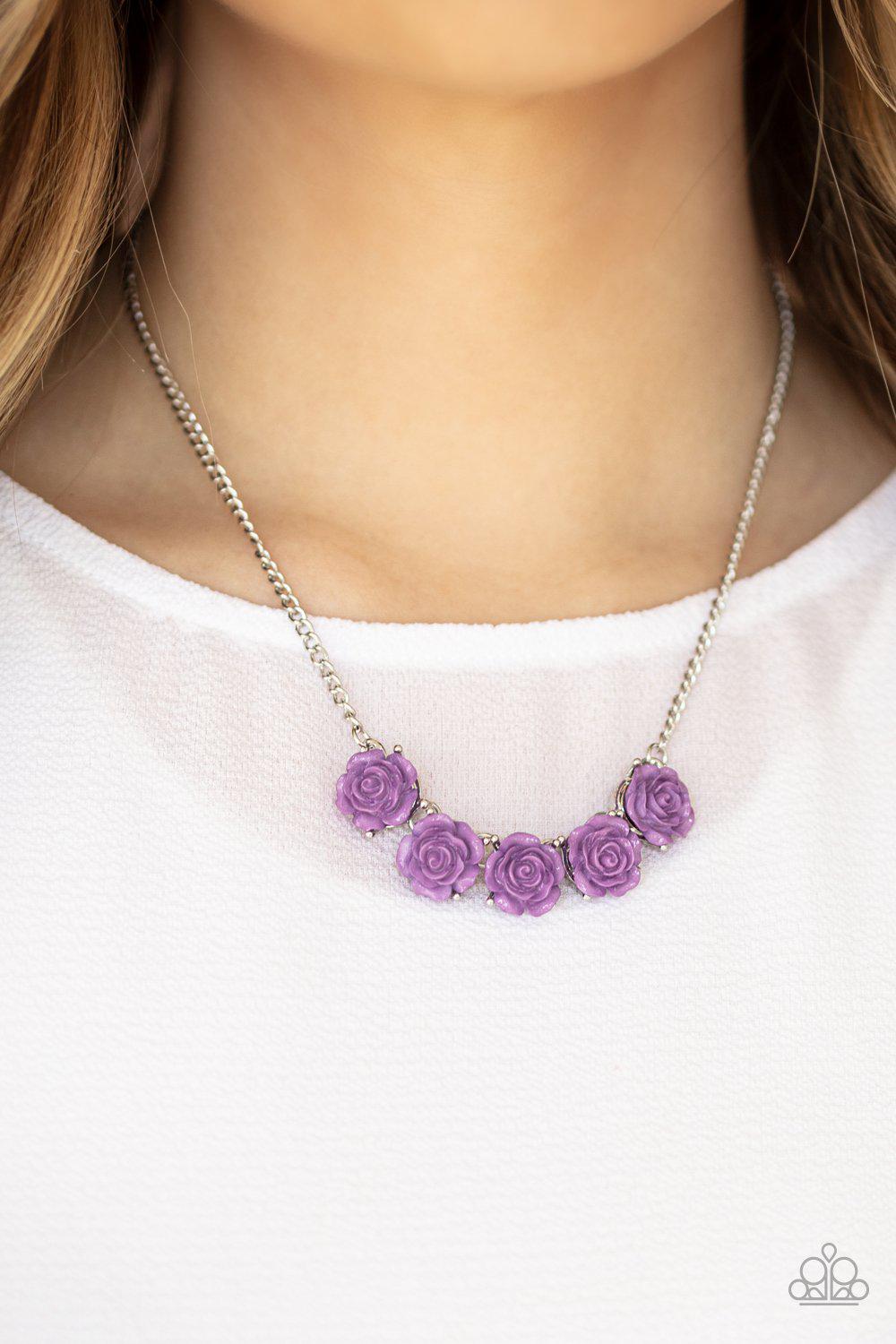 Garden Party Posh Purple Rose Flower Necklace - Paparazzi Accessories- on model - CarasShop.com - Paparazzi Jewelry by Cara Jewels
