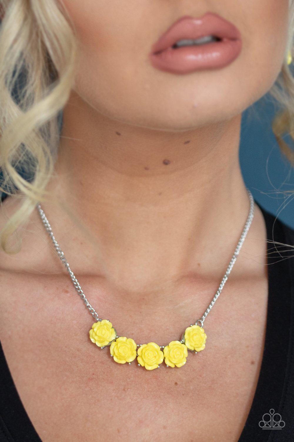 Garden Party Posh Yellow Rose Flower Necklace - Paparazzi Accessories- on model - CarasShop.com - Paparazzi Jewelry by Cara Jewels