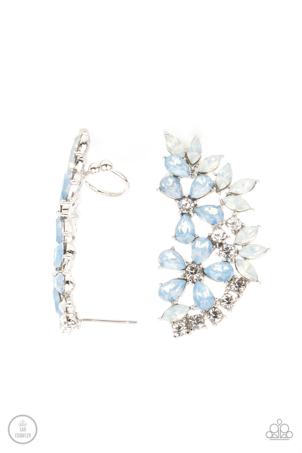 Garden Party Powerhouse Blue and White Rhinestone Ear Crawler Earrings - Paparazzi Accessories- lightbox - CarasShop.com - Paparazzi Jewelry by Cara Jewels