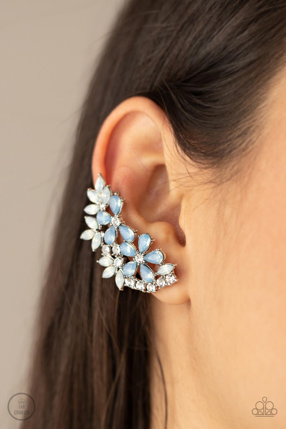 Garden Party Powerhouse Blue and White Rhinestone Ear Crawler Earrings - Paparazzi Accessories- on model - CarasShop.com - Paparazzi Jewelry by Cara Jewels