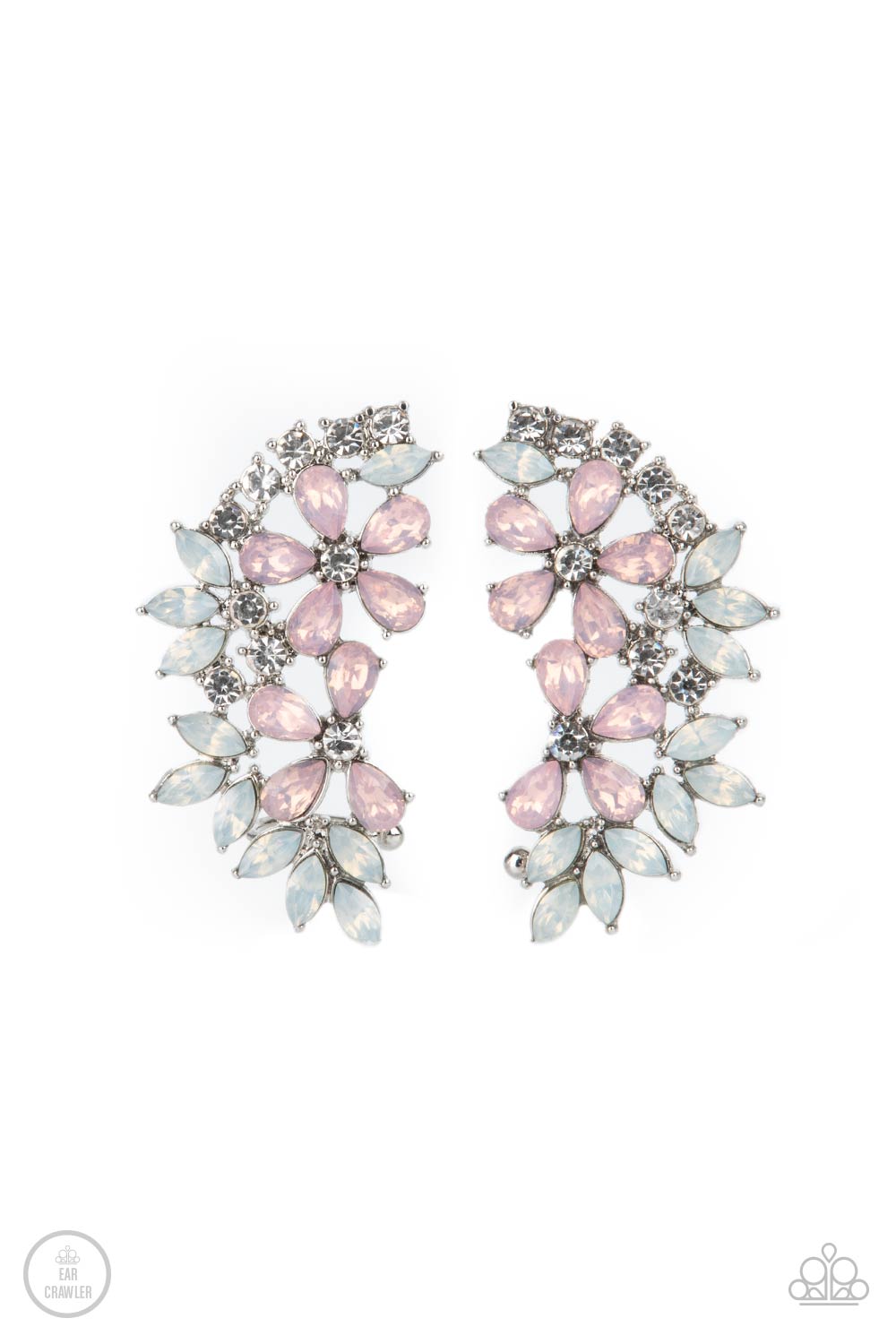 Garden Party Powerhouse Pink and White Floral Ear Crawler Earrings - Paparazzi Accessories- lightbox - CarasShop.com - Paparazzi Jewelry by Cara Jewels