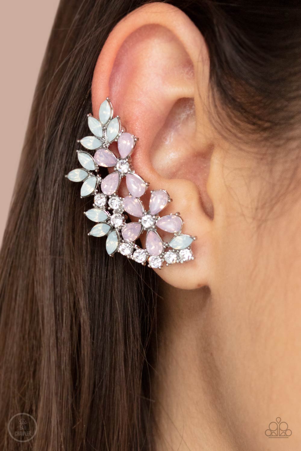 Garden Party Powerhouse Pink and White Floral Ear Crawler Earrings - Paparazzi Accessories- lightbox - CarasShop.com - Paparazzi Jewelry by Cara Jewels