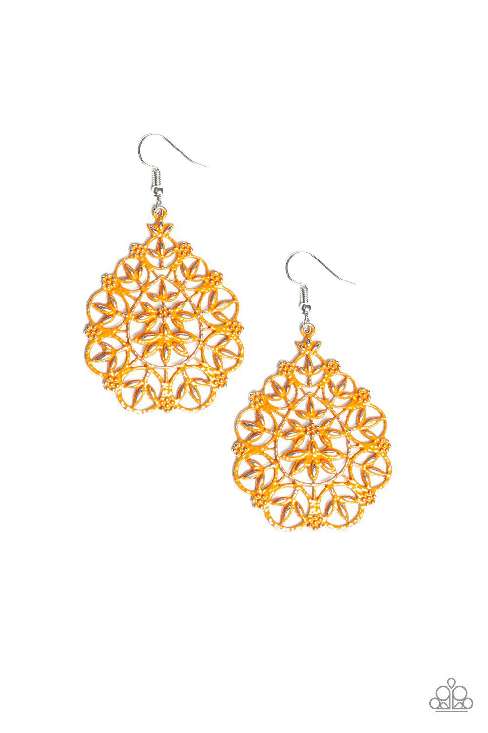 Garden Party Princess Orange Filigree Earrings - Paparazzi Accessories- lightbox - CarasShop.com - Paparazzi Jewelry by Cara Jewels
