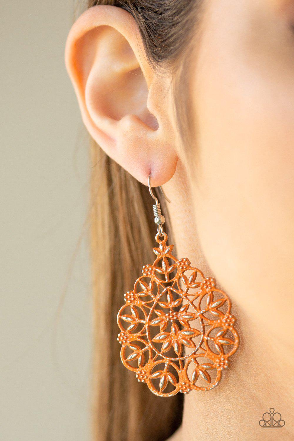 Garden Party Princess Orange Filigree Earrings - Paparazzi Accessories- on model - CarasShop.com - Paparazzi Jewelry by Cara Jewels