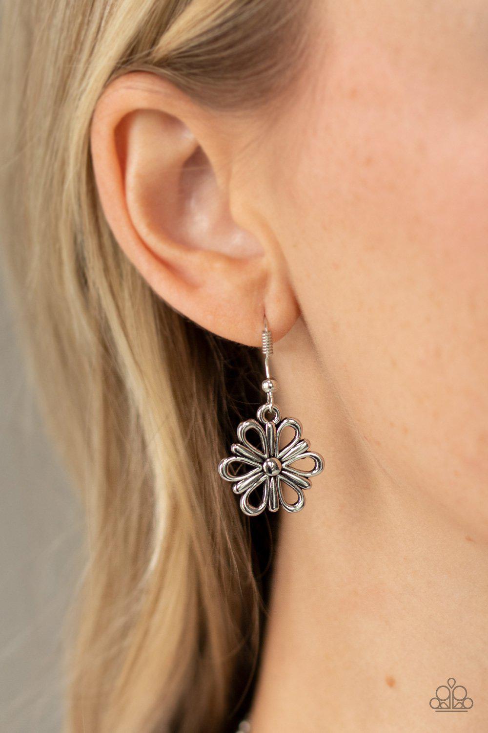 Garden Pixie Silver Flower Necklace - Paparazzi Accessories - free matching earrings -CarasShop.com - Paparazzi Jewelry by Cara Jewels