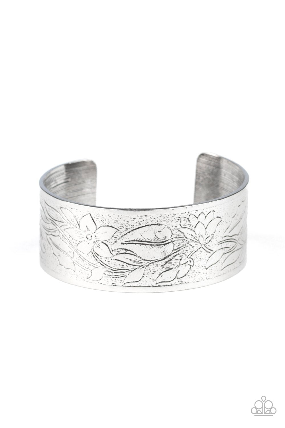 Garden Variety Silver Floral Cuff Bracelet- Paparazzi Accessories- lightbox - CarasShop.com - Paparazzi Jewelry by Cara Jewels