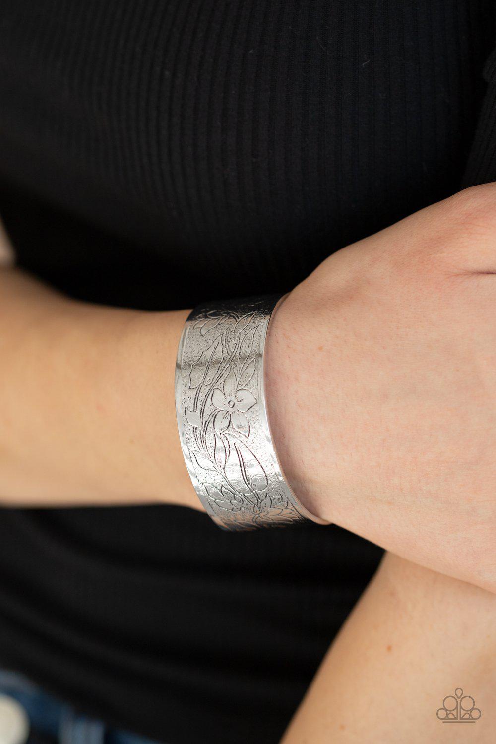 Garden Variety Silver Floral Cuff Bracelet- Paparazzi Accessories- lightbox - CarasShop.com - Paparazzi Jewelry by Cara Jewels