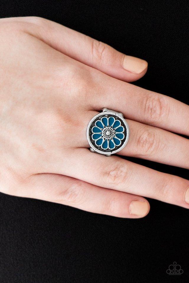 Garden View Blue Flower Ring - Paparazzi Accessories- lightbox - CarasShop.com - Paparazzi Jewelry by Cara Jewels