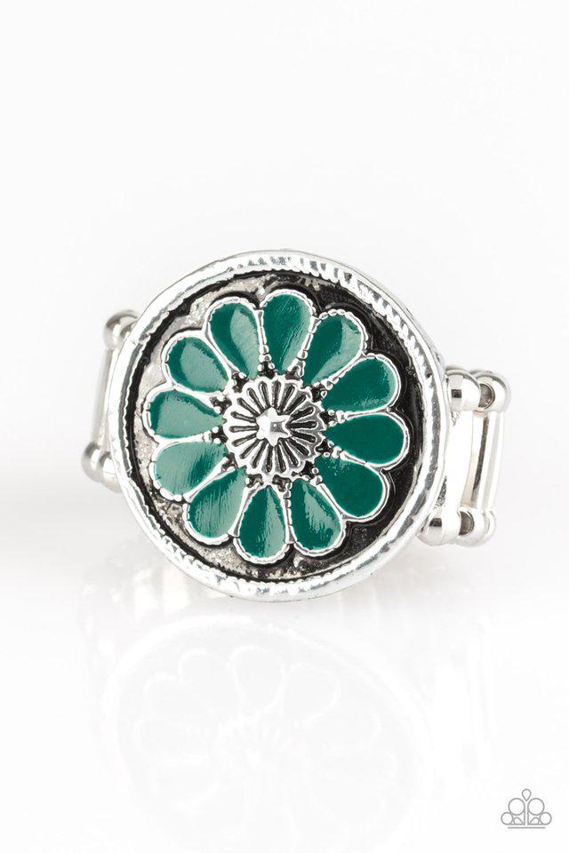 Garden View Green Flower Ring - Paparazzi Accessories- lightbox - CarasShop.com - Paparazzi Jewelry by Cara Jewels