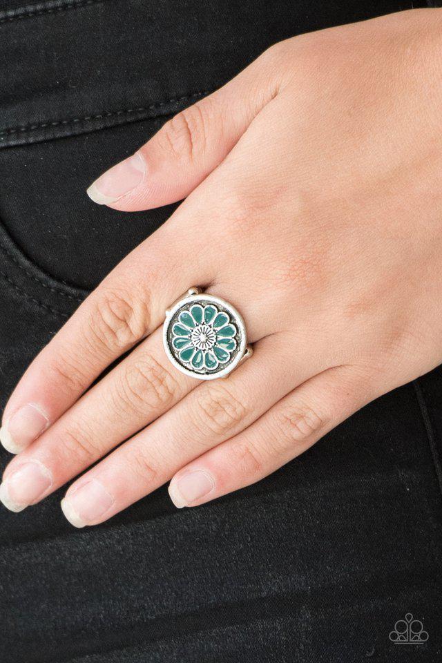Garden View Green Flower Ring - Paparazzi Accessories- on model - CarasShop.com - Paparazzi Jewelry by Cara Jewels