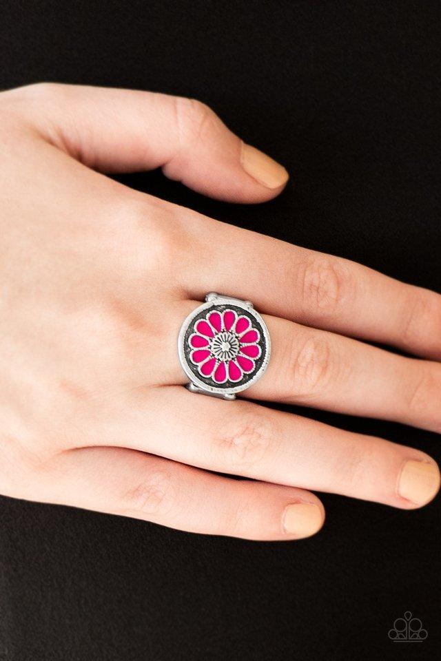 Garden View Pink Flower Ring - Paparazzi Accessories- on model - CarasShop.com - Paparazzi Jewelry by Cara Jewels