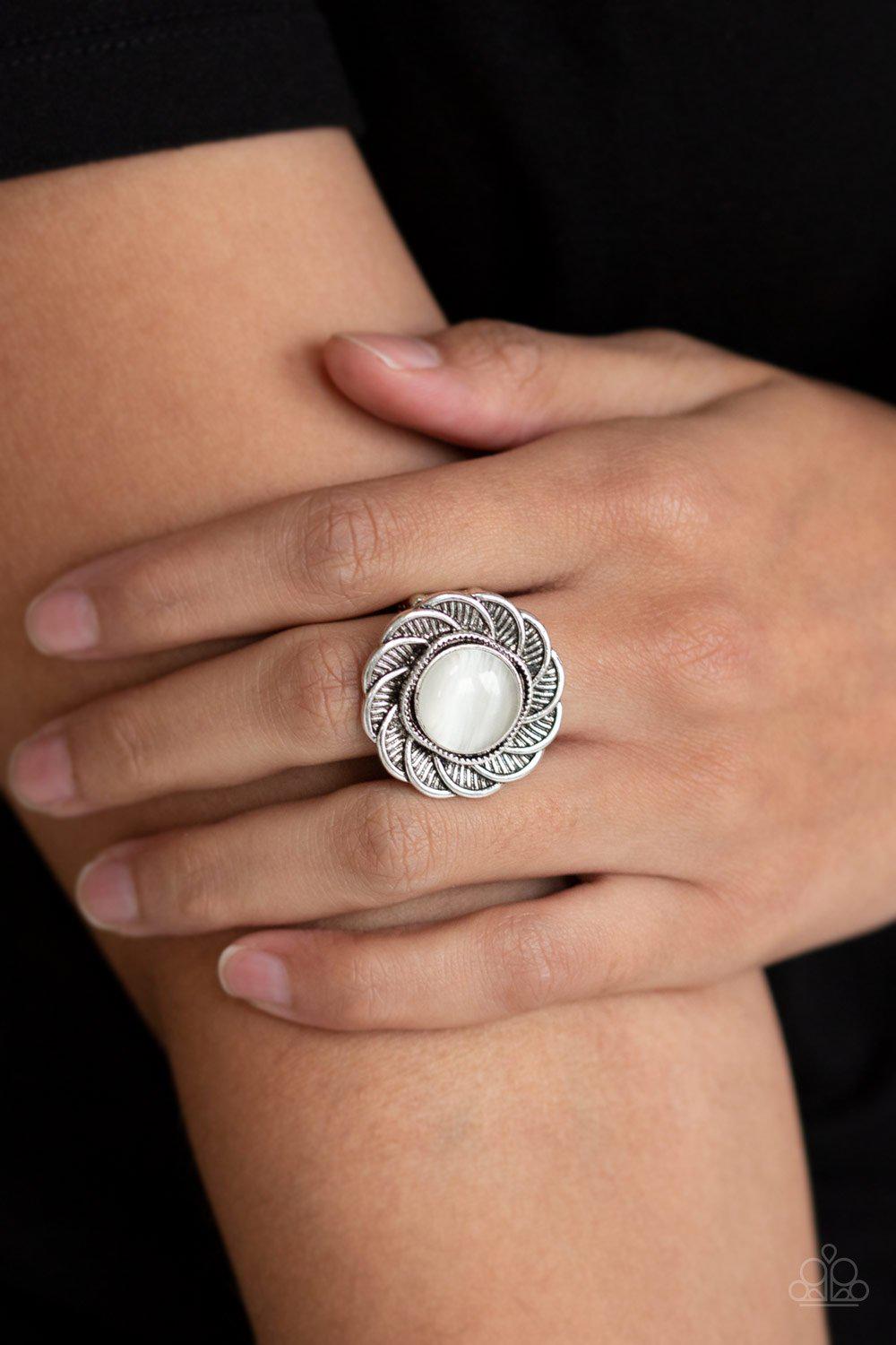 Gardenia Glow White Moonstone Flower Ring - Paparazzi Accessories- on model - CarasShop.com - Paparazzi Jewelry by Cara Jewels