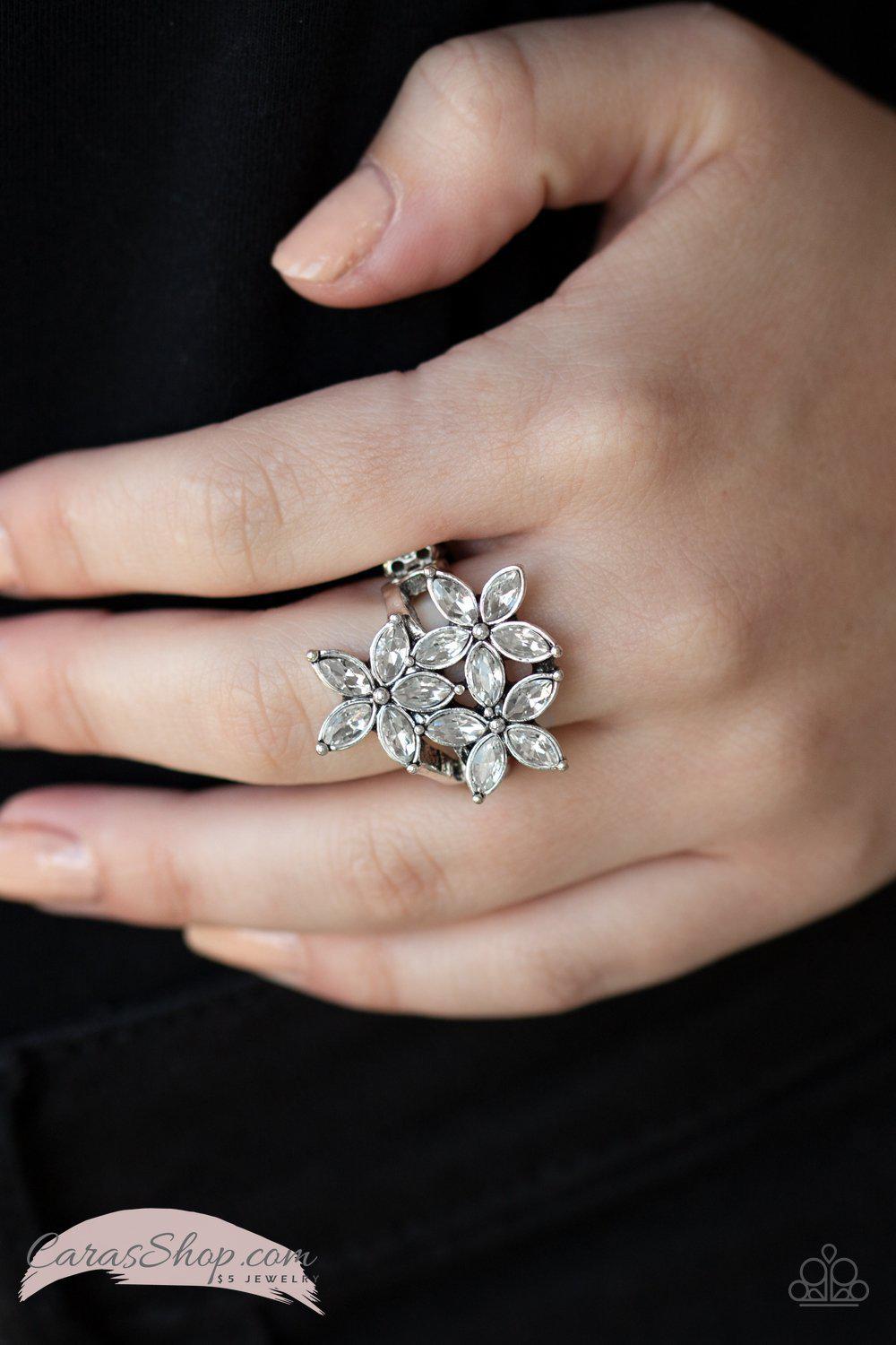 Gardenia Grandeur White Flower Ring - Paparazzi Accessories- on model - CarasShop.com - Paparazzi Jewelry by Cara Jewels