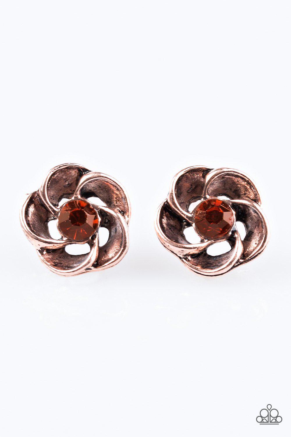 Gardenia Variety Copper Flower Post Earrings - Paparazzi Accessories- lightbox - CarasShop.com - Paparazzi Jewelry by Cara Jewels