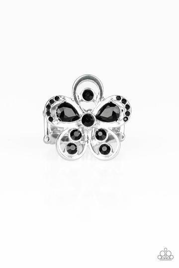 Gardens of Grandeur Black Rhinestone and Silver Flower Ring - Paparazzi Accessories- lightbox - CarasShop.com - Paparazzi Jewelry by Cara Jewels