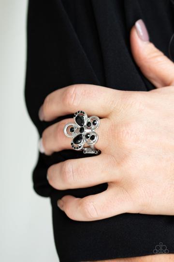 Gardens of Grandeur Black Rhinestone and Silver Flower Ring - Paparazzi Accessories- lightbox - CarasShop.com - Paparazzi Jewelry by Cara Jewels