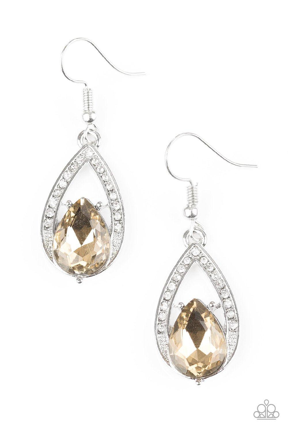 Gatsby Grandeur Brown Gem Teardrop Earrings - Paparazzi Accessories- lightbox - CarasShop.com - Paparazzi Jewelry by Cara Jewels