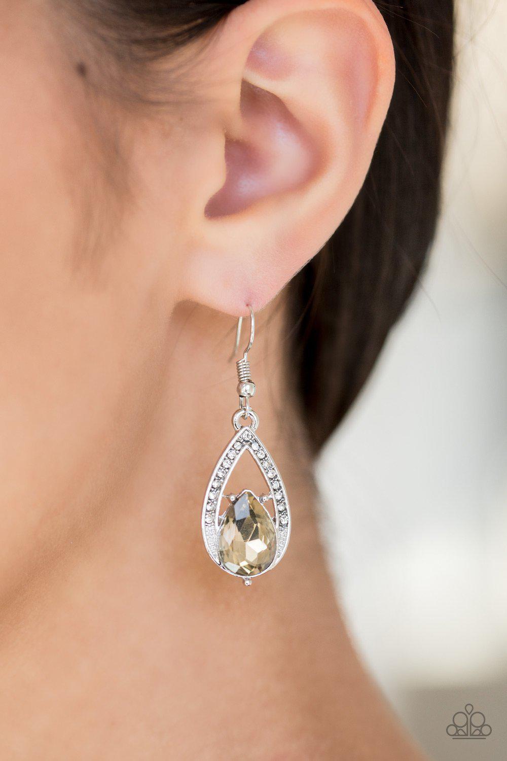 Gatsby Grandeur Brown Gem Teardrop Earrings - Paparazzi Accessories- on model - CarasShop.com - Paparazzi Jewelry by Cara Jewels