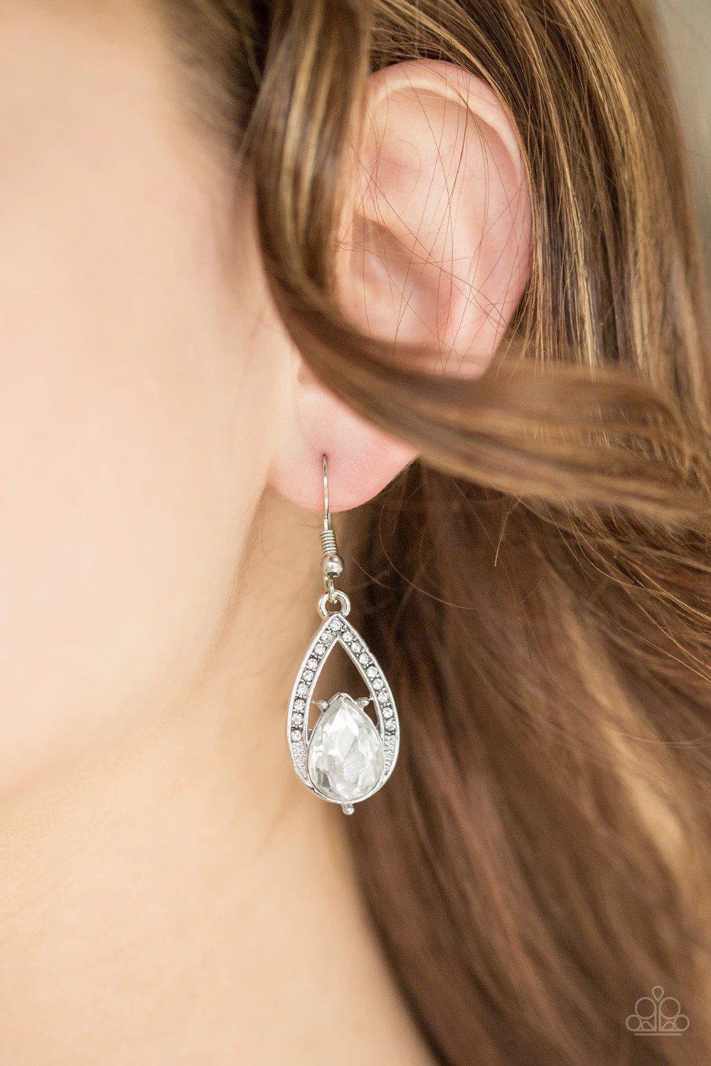 Gatsby Grandeur White Gem Teardrop Earrings - Paparazzi Accessories- on model - CarasShop.com - Paparazzi Jewelry by Cara Jewels
