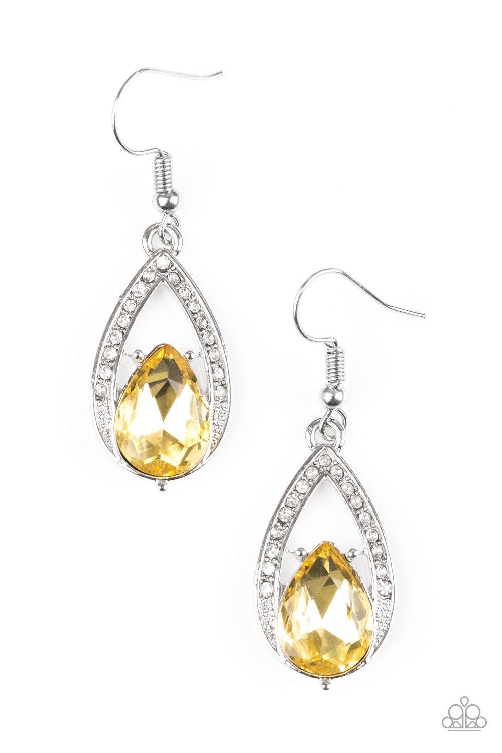 Gatsby Grandeur Yellow Teardrop Gem Earrings - Paparazzi Accessories- lightbox - CarasShop.com - Paparazzi Jewelry by Cara Jewels