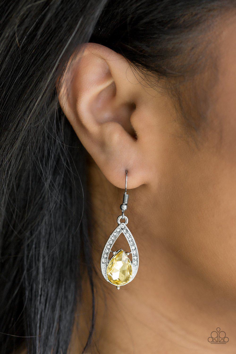 Gatsby Grandeur Yellow Teardrop Gem Earrings - Paparazzi Accessories- on model - CarasShop.com - Paparazzi Jewelry by Cara Jewels