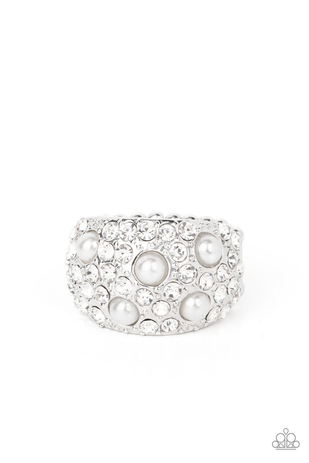 Gatsbys Girl White Pearl and Rhinestone Ring - Paparazzi Accessories- lightbox - CarasShop.com - Paparazzi Jewelry by Cara Jewels