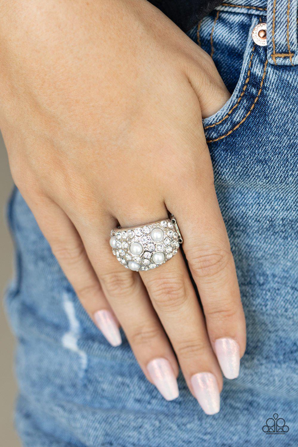 Gatsbys Girl White Pearl and Rhinestone Ring - Paparazzi Accessories- on model - CarasShop.com - Paparazzi Jewelry by Cara Jewels