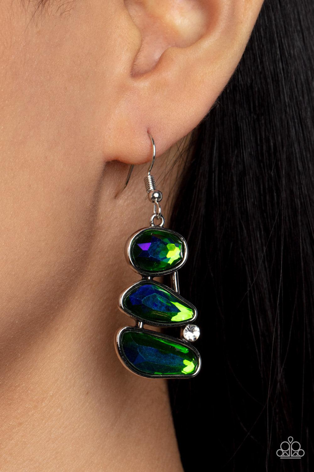 Gem Galaxy Green Earrings - Paparazzi Accessories- on model - CarasShop.com - Paparazzi Jewelry by Cara Jewels