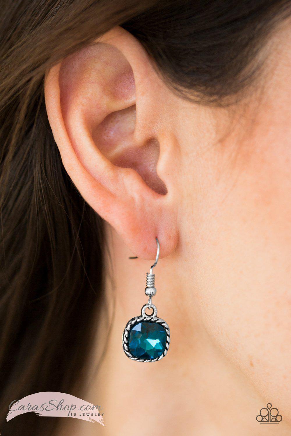 Gem Hunt Blue Gem Earrings - Paparazzi Accessories- on model - CarasShop.com - Paparazzi Jewelry by Cara Jewels