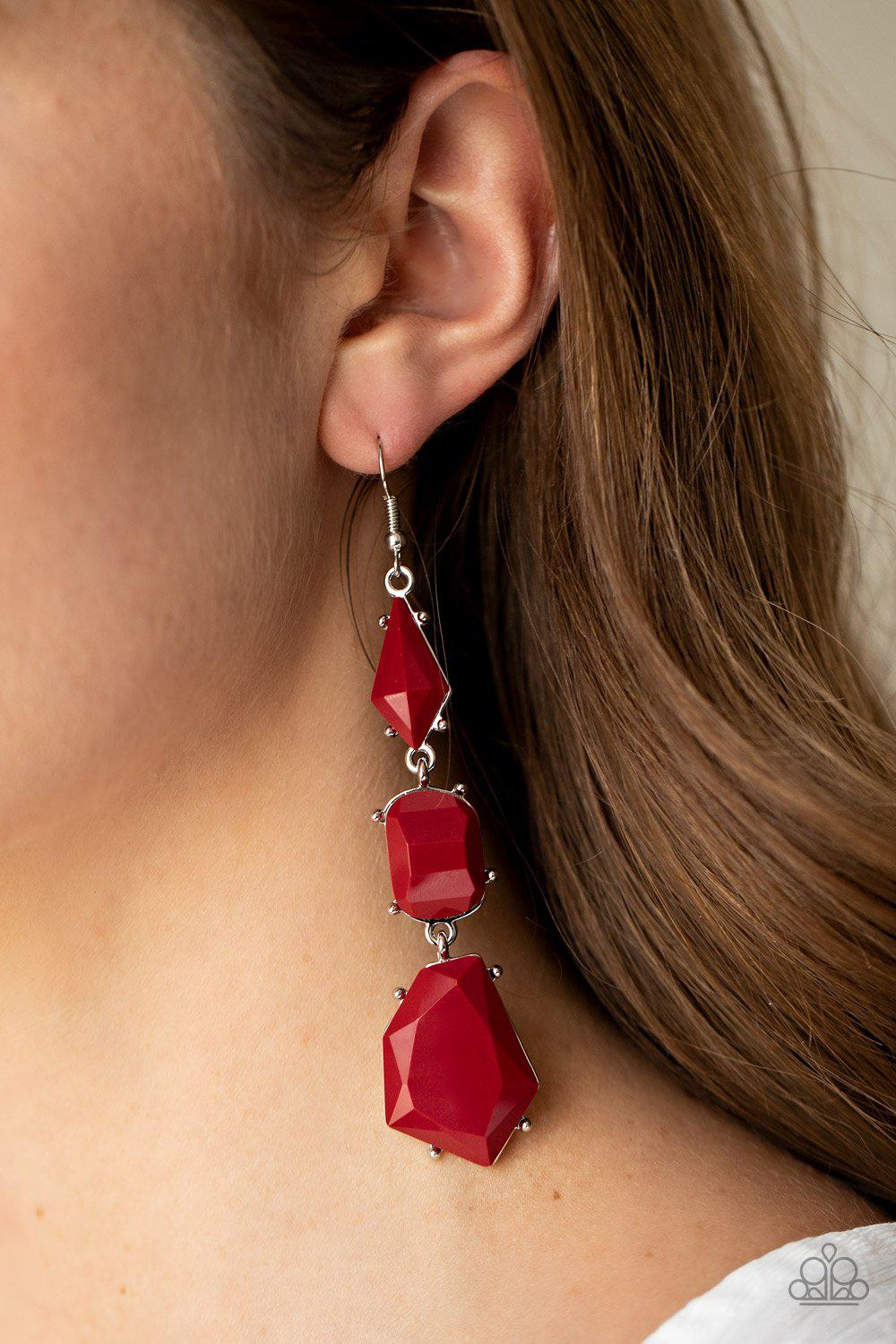 Geo Getaway Red Earrings - Paparazzi Accessories- on model - CarasShop.com - Paparazzi Jewelry by Cara Jewels